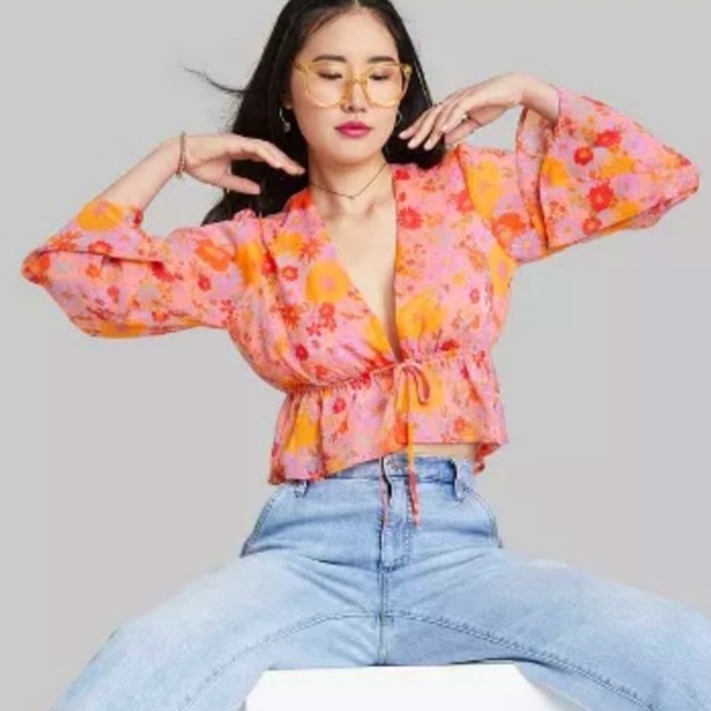 Floral Bell Sleeve Sheer Tie-Front Top
